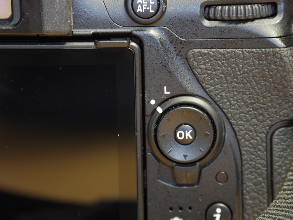 Der Lock-Schalter und die vier Richtungstasten einer Nikon-Spiegelreflexkamera.