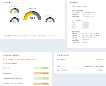 Im Dashboard siehst du deine aktuelle Hashrate und wie viele Coins du geschürft hast.