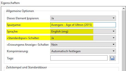Die Optionen der Videospur werden angepasst.