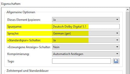 Der Standardspur-Schalter bestimmt, ob das Element nach dem Öffnen im Player direkt abgespielt werden soll.