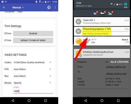 Das Smartphone benötigt rund vier mal so lange für die Konvertierung, wie das Notebook.