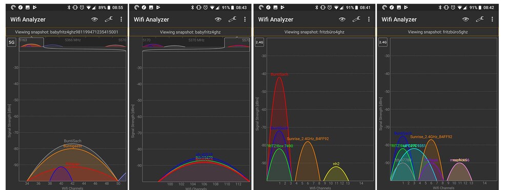 Die Empfangsstärke ist durch den Extender deutlich gestiegen. Links die Veränderung für ein Zimmer im mittleren Stock (5 Ghz) und rechts im Zimmer mit Extender (2.4 Ghz).