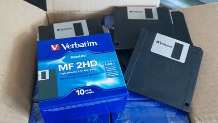 The 3.5-inch floppy disks store 1.44 MB – that's if all sectors are still working.