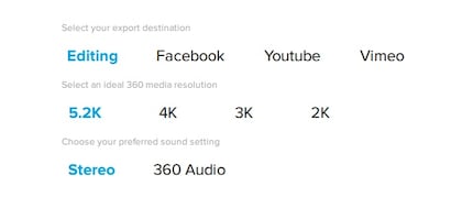 Diese Rendering-Einstellungen bietet GoPro Fusion Studio beim Upload an