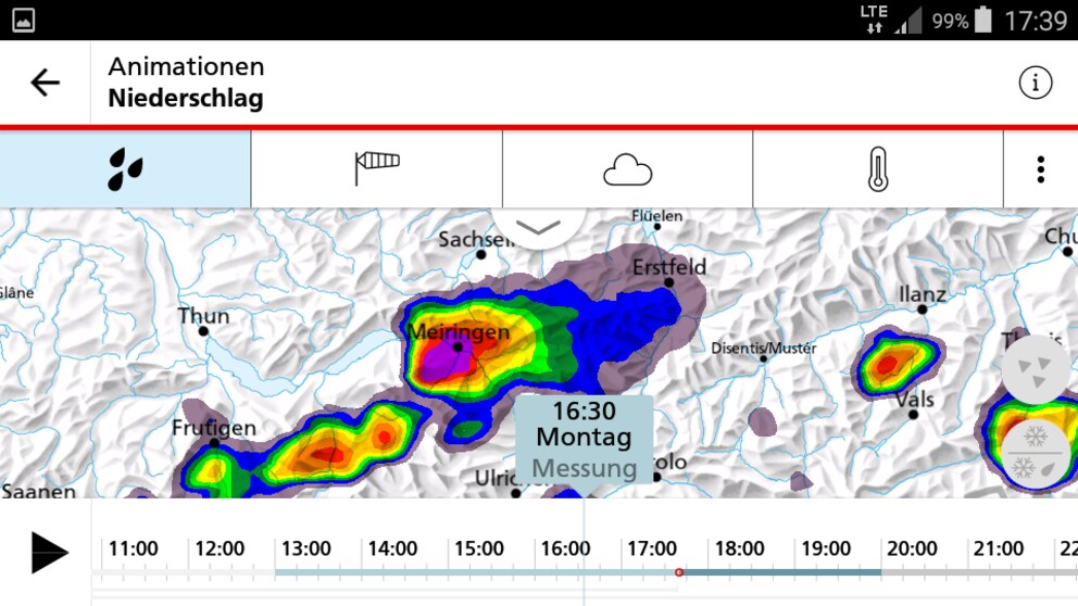 Regenradar der MeteoSchweiz-App am 2. Juli: Über Meiringen geht ein heftiges Gewitter nieder