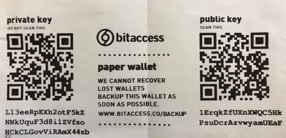 Hier sieht man einen öffentlichen und privaten Schlüssel eines Paper-Wallets für Bitcoin