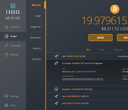 Hier ein Beispiel für ein Wallet auf dem PC (Exodus)