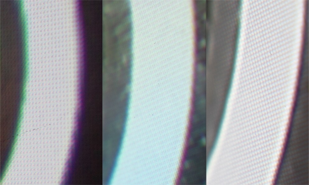 Links: Full-HD, Mitte: 4-fach-Shift mit Full-HD-Chip, Rechts: 2-fach-Shift mit 2K-Chip