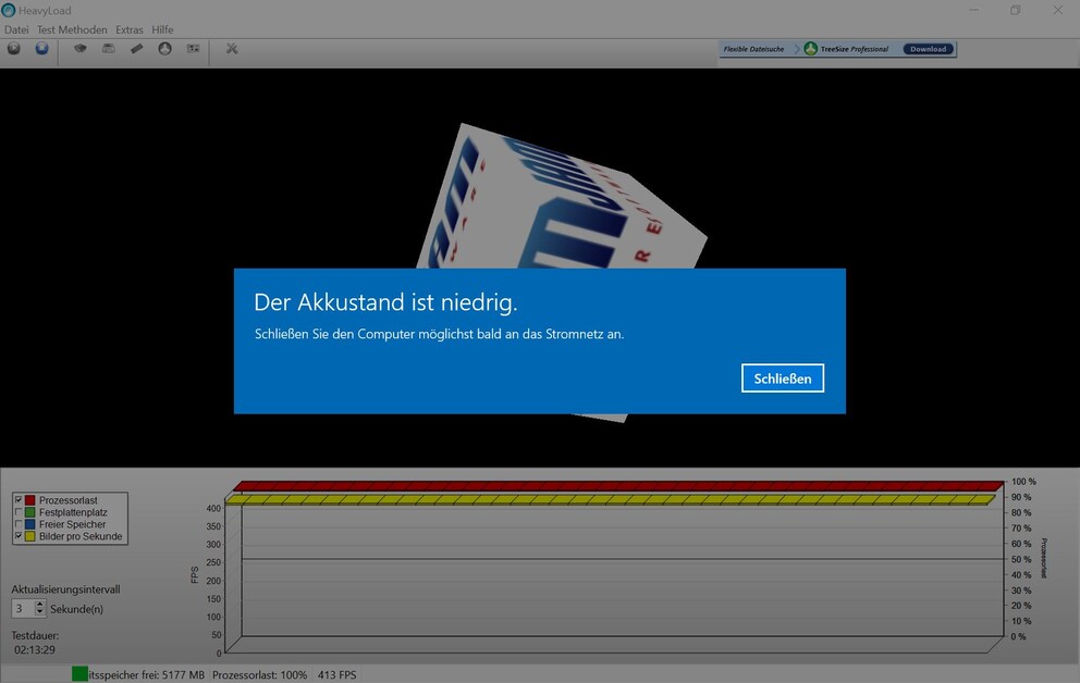 Beim Stresstest reklamiert das Surface Go nach 2 Stunden und 13 Minuten. Nach weiteren 2 Minuten fährt sich das Gerät selbst herunter.