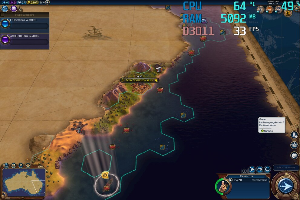 Civilization VI läuft mit 22 bis 38 fps. Je weiter du im Spiel voranschreitest (= mehr darzustellende Objekte), desto tiefer die fps.