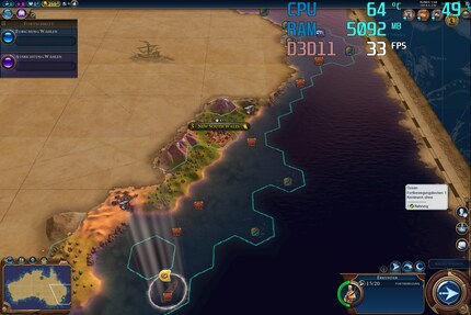 Civilization VI läuft mit 22 bis 38 fps. Je weiter du im Spiel voranschreitest (= mehr darzustellende Objekte), desto tiefer die fps.
