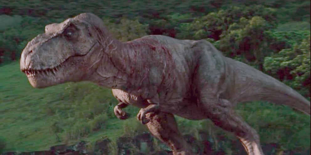 Rexy in «Jurassic World», aber mit der Farbgebung von «Jurassic Park»