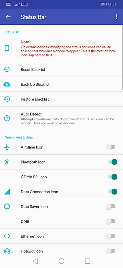 SystemUI Tuner has toggles for the icons in the status bar