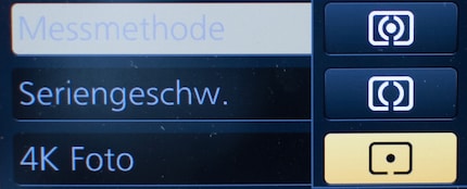Symbole im Kamera-Menü: Oben Matrixmessung, Mitte Selektivmessung, unten (gelb) Spotmessung