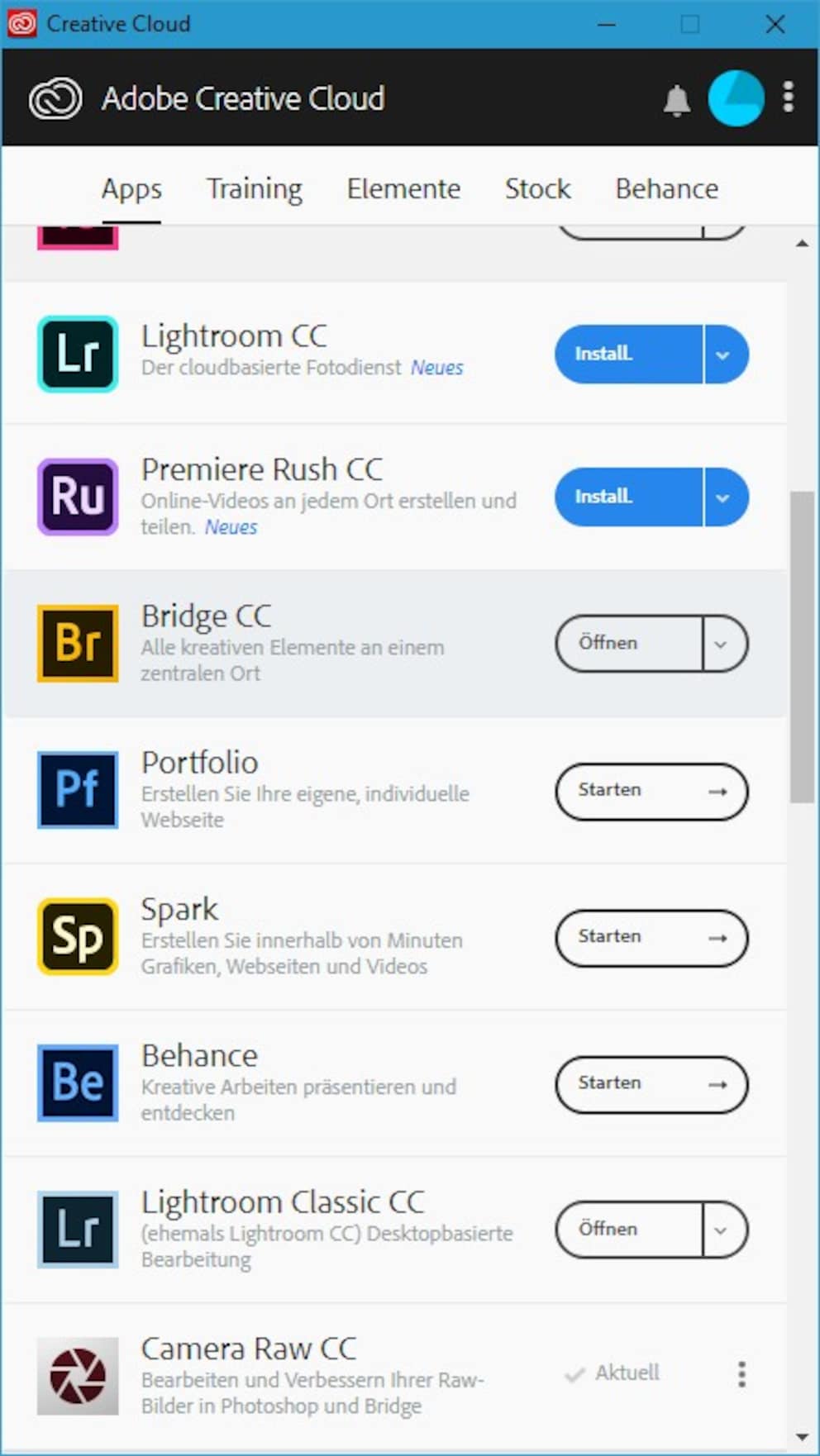 Adobe Creative Cloud – Die App-Verwaltung, mit der du die Bridge herunterlädst.