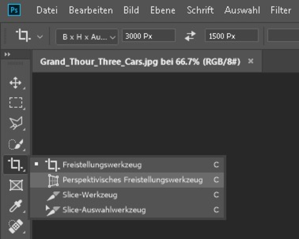 Das perspektivische Freistellungswerkzeug ist im Symbol für das normale Freistellungswerkzeug versteckt