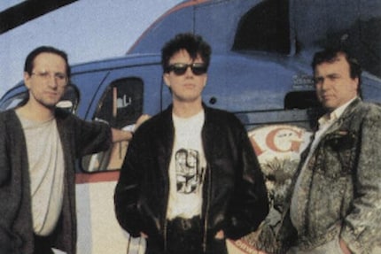 The Bitmap Brothers posing like the first rock stars of the gaming world. Mike is pictured in the middle 