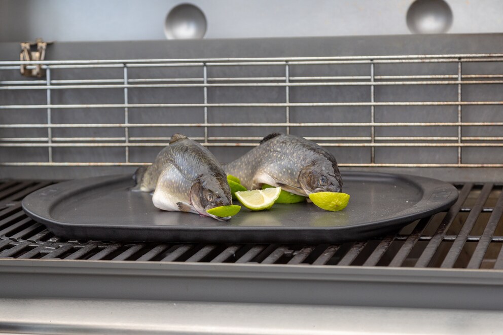 Die zwei kleinen Saiblinge kommen auf einer Limette liegend auf den Grill.
