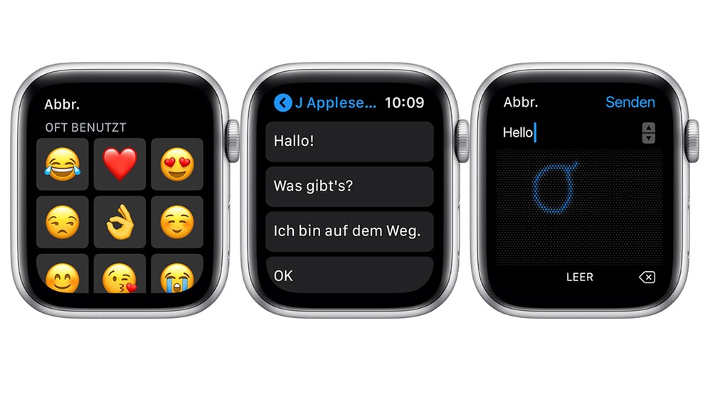 Zum Schreiben von Kurznachrichten hast du mehrere Möglichkeiten: Emojis, vorgegebene Antworten oder kritzeln (von links nach rechts). Bilder: Apple
