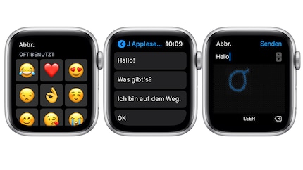 There are several ways to write short messages: emojis, preset replies or writing onto the display (from left to right). Pictures: Apple