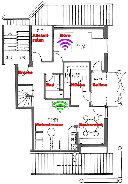 Adapter von Devolo: WiFi-Symbol in Lila / Router von ROG: WiFi-Symbol in Grün