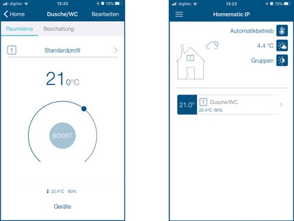 Hier siehst du die Basistemperatur (21° Celsius) sowie die momentane Temperatur (22.4° Celsius) und die Luftfeuchtigkeit (60%).