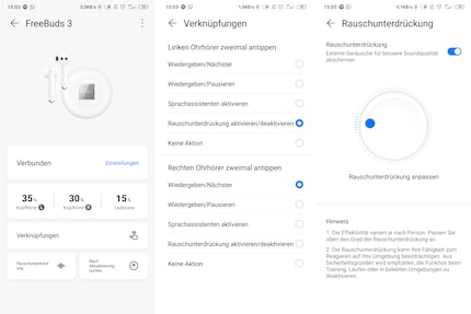 On the right is the standard view of the app, in the centre you can specify what should happen when you tap and on the left is the setting for noise cancelling.