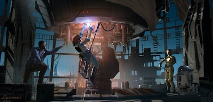 Finn, Rose, C-3PO und R2-D2 versuchen, den Macht-Nexus zum Laufen zu bringen.