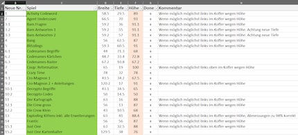 In Excel, I have created a list of games with the exact measurements and comments