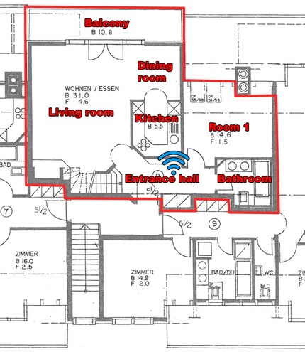 The first attic floor. Wi-Fi icon in blue: location of mesh extension (second router)
