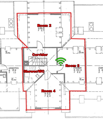 The second attic floor. Wi-Fi icon in green: router location