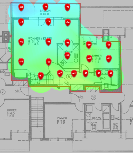 5-GHz-Signalpegel im ersten Dachgeschoss
