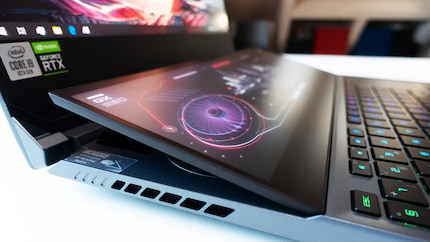 The secondary display tilts 13 degrees when the laptop is opened.