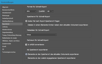 Die Export-Voreinstellungen in Photoshop