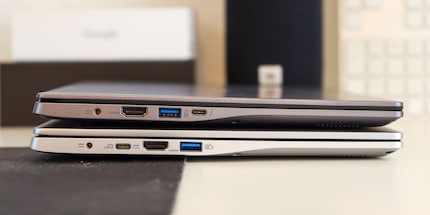 On the left-hand side, the ports change places and only the Intel version has Thunderbolt.