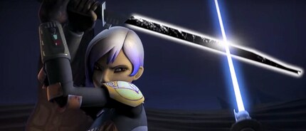 Sabine Wren defends herself against a Jedi with the Darksaber.