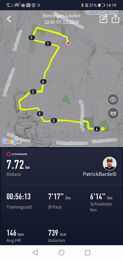 Die Daten der Coros Pace 2: einmal 7,72 km.