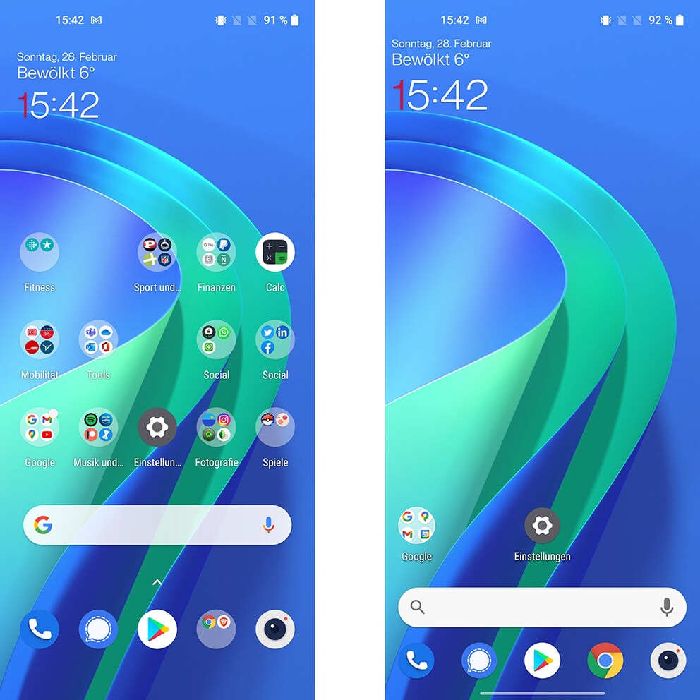 Bei der Benutzeroberfläche von OnePlus (links) sind mir die Apps und die Suchleiste zu weit oben. Mit dem Nova Launcher bekomme ich sie weiter nach unten und mit einer Hand besser dran.