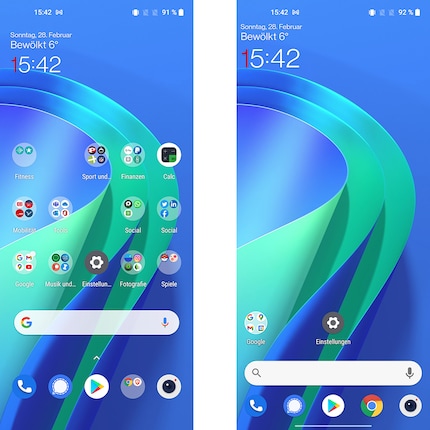 Bei der Benutzeroberfläche von OnePlus (links) sind mir die Apps und die Suchleiste zu weit oben. Mit dem Nova Launcher bekomme ich sie weiter nach unten und mit einer Hand besser dran.