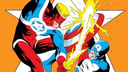 Super-Patriot bekämpft Captain America mit seinem ikonischen Flammenschwert.
