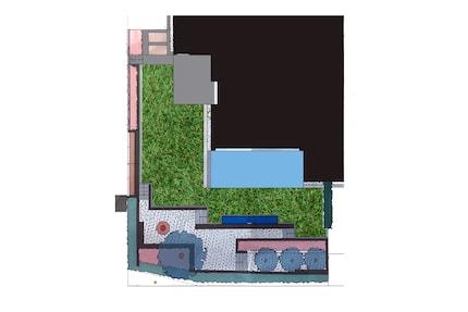 Der Garten als Planskizze; in Grün die Rasenfläche, die etwa 90 Quadratmeter groß ist.