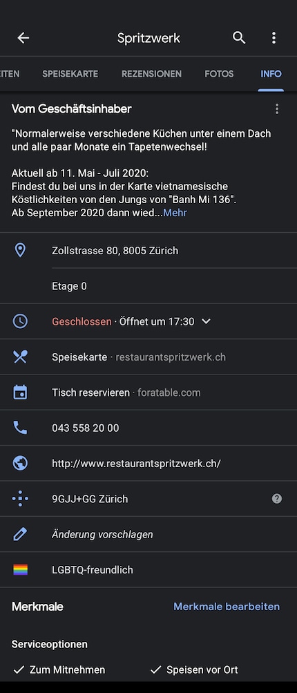 Lokalbesitzerinnen und -besitzer können via Google MyBusiness angeben, dass ihr lokal LGBTQ- freundlich ist – unter Informationen erscheint dann diese bunte Fahne.
