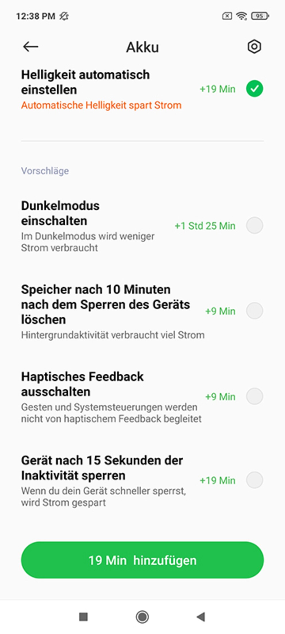 Informative Hinweise auf die Auswirkungen der Stromsparfunktionen.