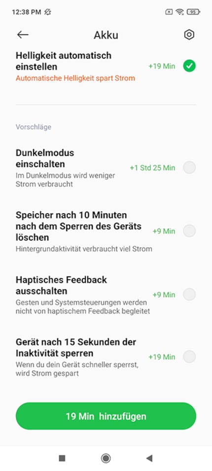 Informative Hinweise auf die Auswirkungen der Stromsparfunktionen.