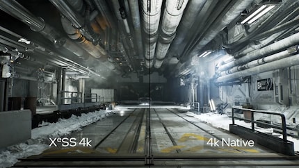 Vergleichsbild: Links von 1440p-Auflösung mit XeSS auf 4K hochskalierte Szene und rechts natives 4K.