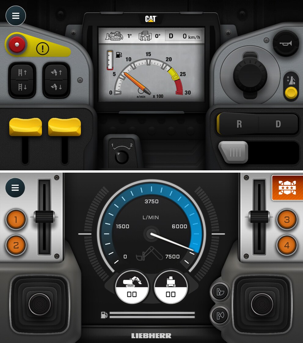 Control+ App: Oben CAT, unten Liebherr.