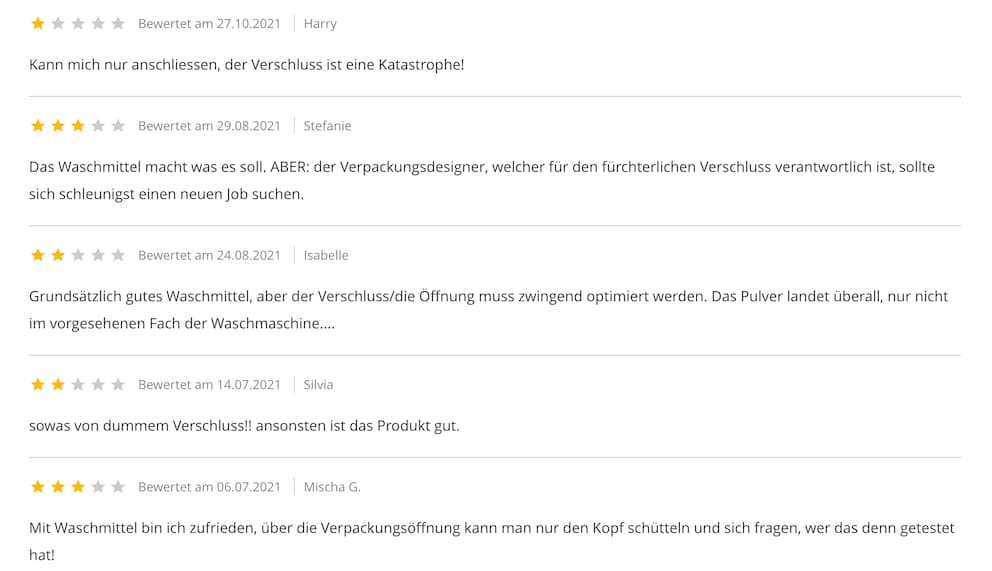 Bewertungen zu einem Waschpulver unserer Konkurrenz, das ich selbst benutze.