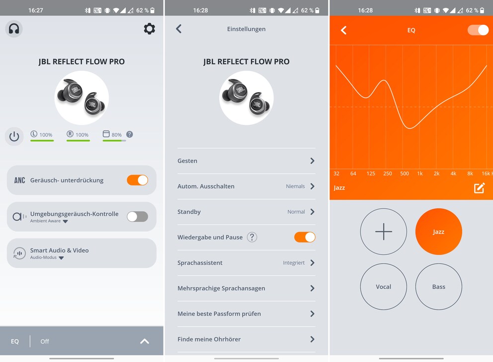 Die App von JBL bietet weitere Einstellungen und einen Equalizer.