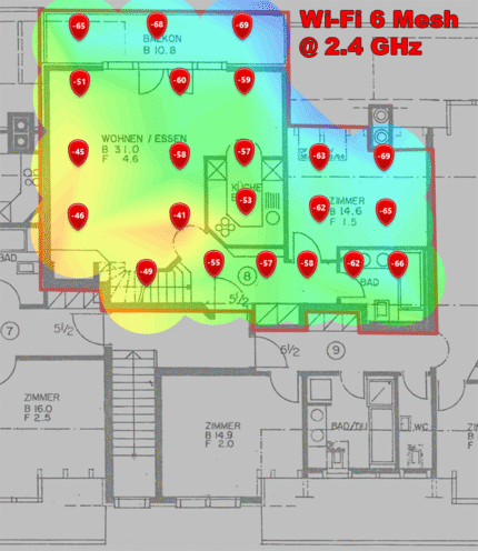2,4-GHz-Signalpegel im unteren Dachgeschoss. (Animiertes GIF wechselt alle vier Sekunden das Bild.)