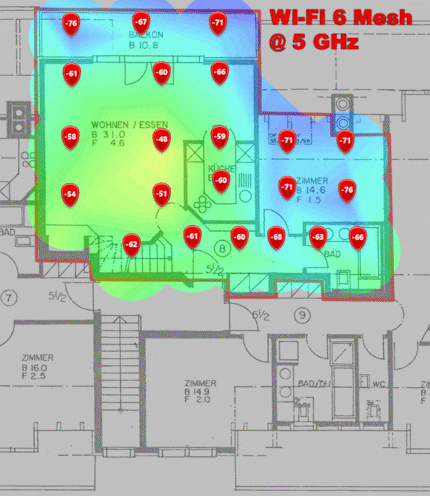 5-GHz-Signalpegel im unteren Dachgeschoss. (Animiertes GIF wechselt alle vier Sekunden das Bild.)